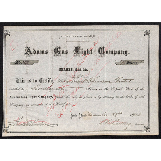 Adams Gas Light Company South Adams, MA 1903 Stock Certificate Scarce VGC