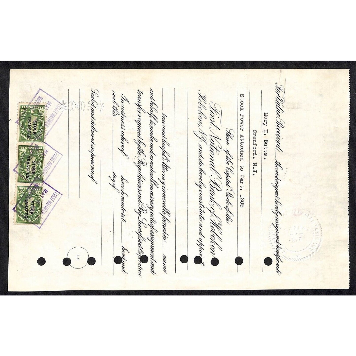 First National Bank of Hoboken NJ 1927 Stock Certificate Theophilus Butts Estate