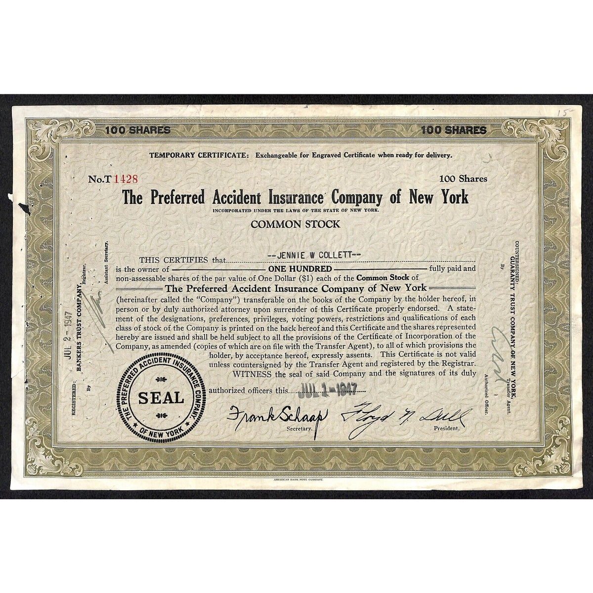Preferred Accident Insurance Co. of New York 1947 "Textured" Stock Certificate