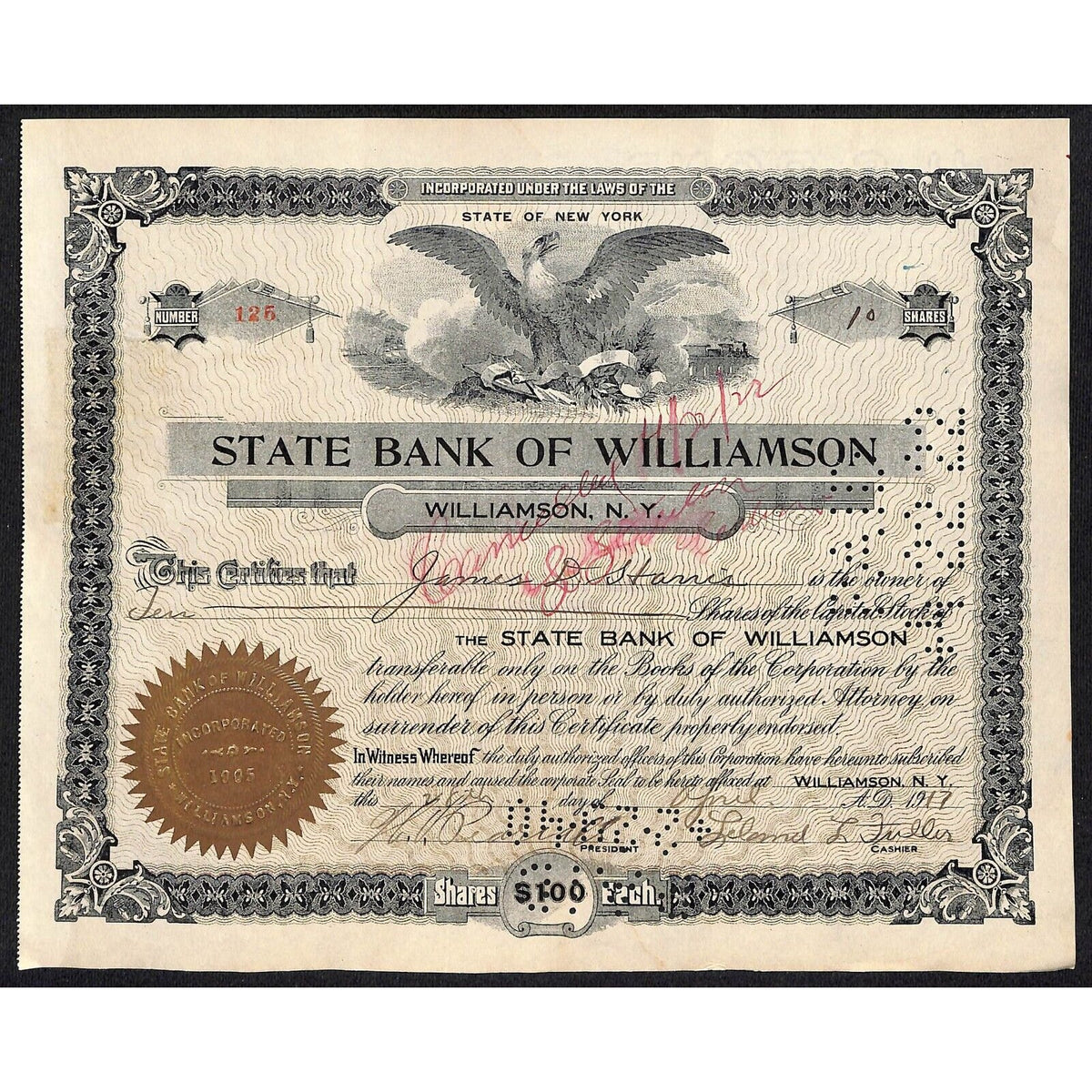 State Bank of Williamson NY 1917 Stock Certificate to James D. Harris ? Scarce
