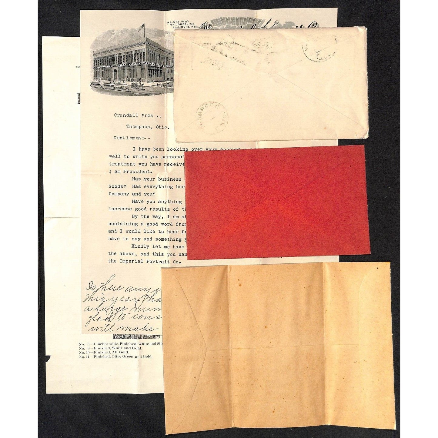 Imperial Portrait Co. Chicago 1897 Letterhead, Frame Brochure Return Envelopes