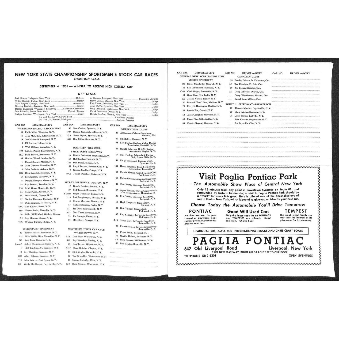 New York State Fair Auto Racing Program Stock Car Sept. 1961 24pp Scarce