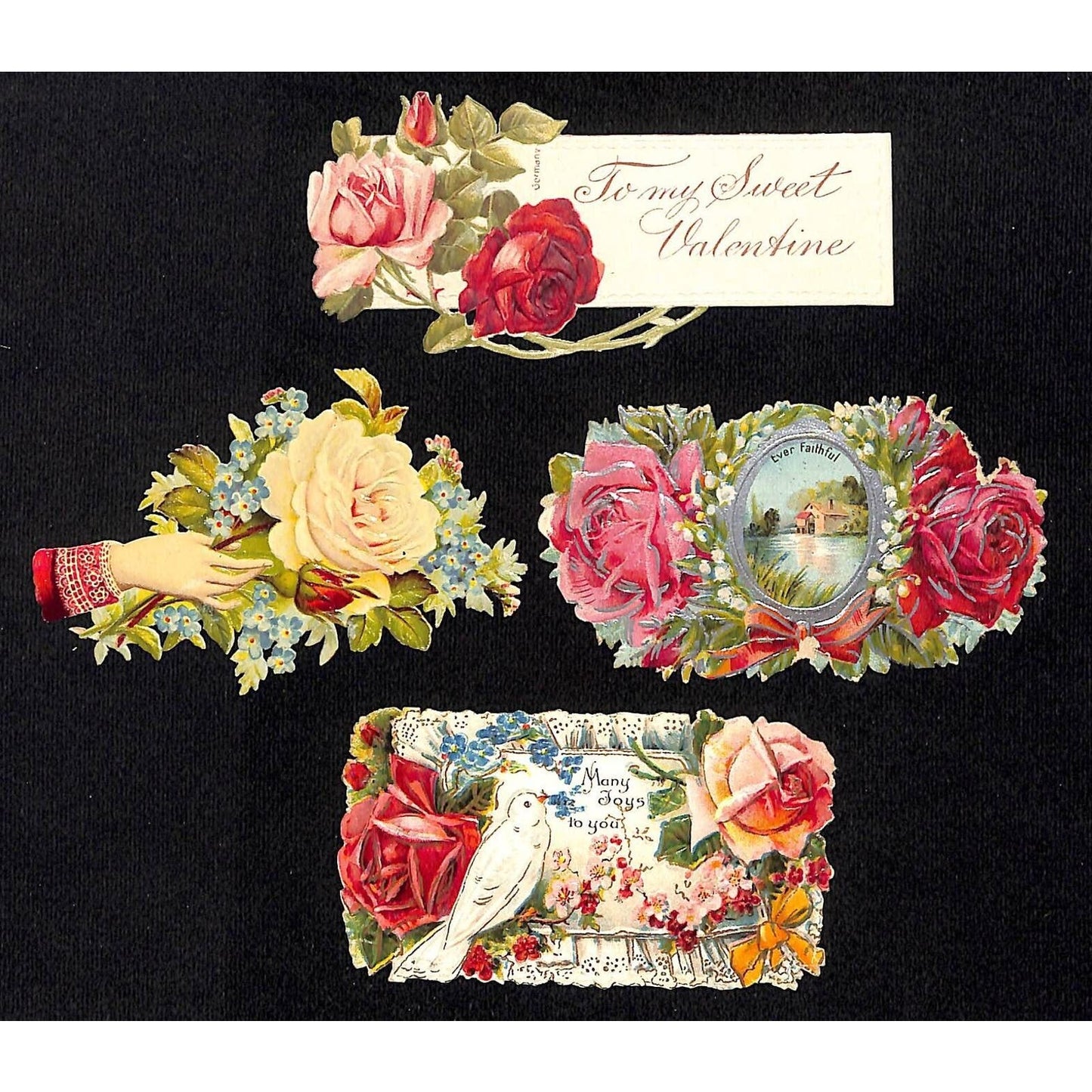 Group of 4 Victorian Embossed Die Cut Floral Scrap - Incl. 1 Valentine