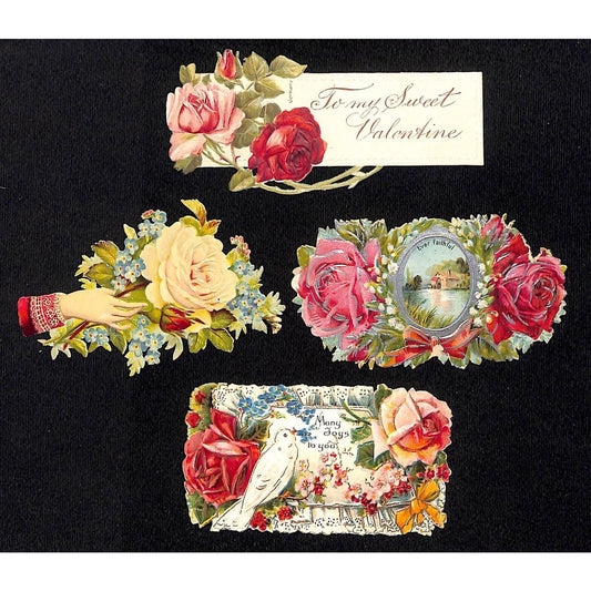 Group of 4 Victorian Embossed Die Cut Floral Scrap - Incl. 1 Valentine