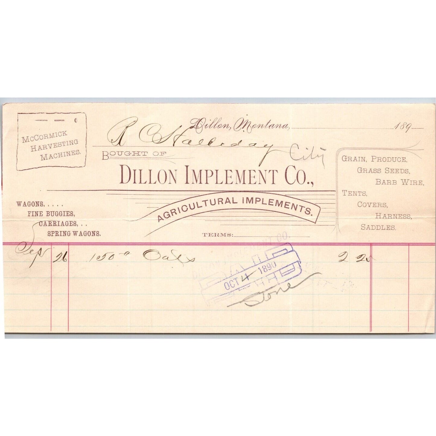 Dillon, MT Dillon Implement Co. Fine Buggies 1890 Billhead R.C. Halliday*
