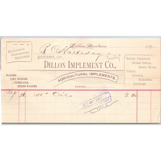 Dillon, MT Dillon Implement Co. Fine Buggies 1890 Billhead R.C. Halliday*