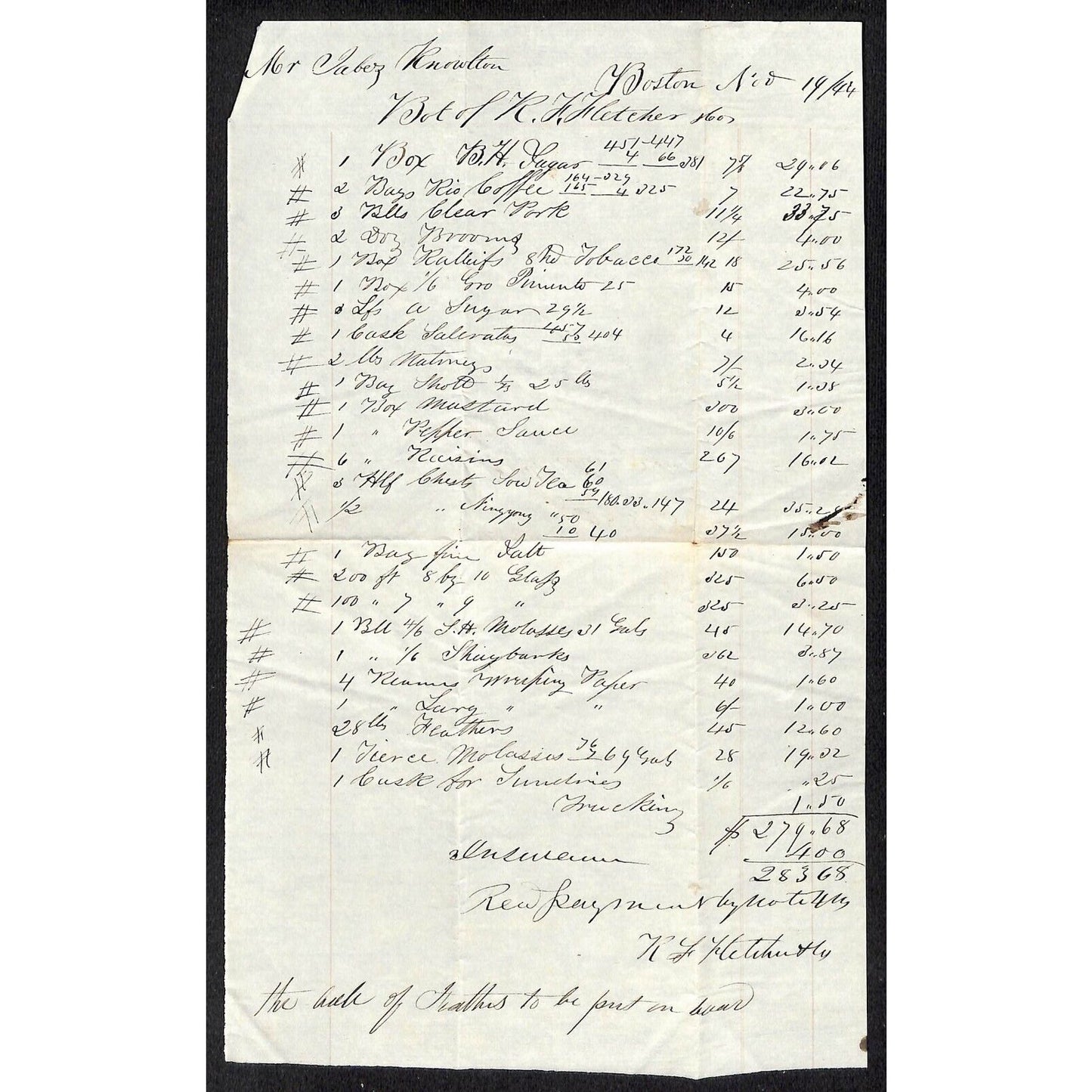 1844 Jabez Knowlton* Newburgh, ME R.F. Fletcher & Co. Boston Dry Goods Billhead