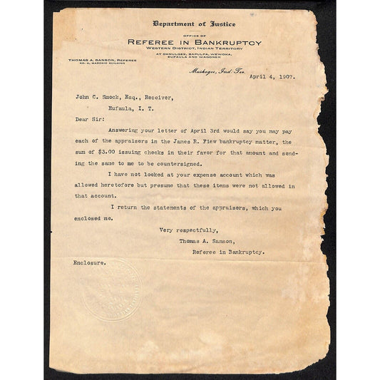 1907 DOJ "Office of Referee in Bankruptcy" Muskogee Indian Territory Letterhead