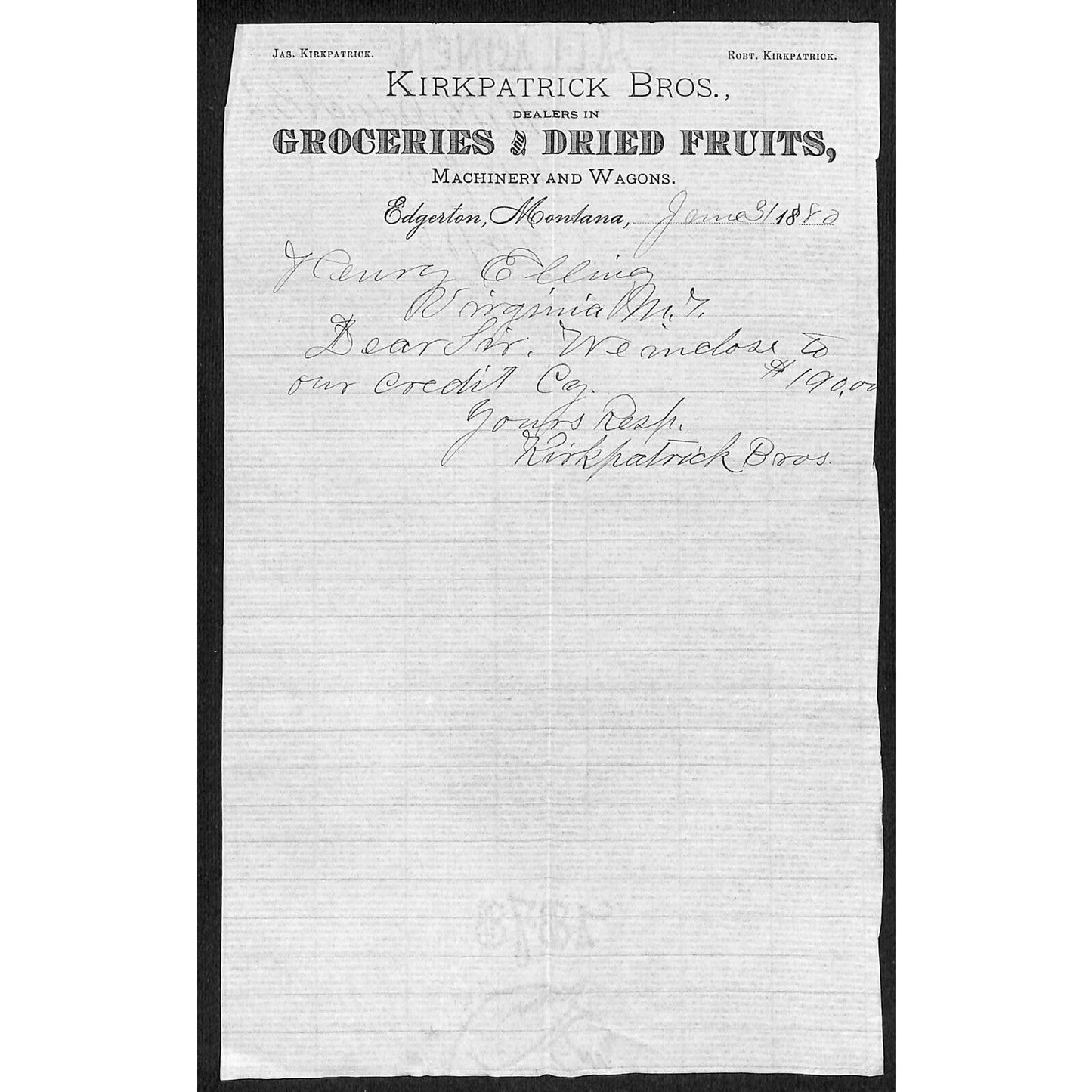 Edgerton, MT Kirkpatrick Bros. Groceries Fruit 1880 Billhead to Henry Elling*
