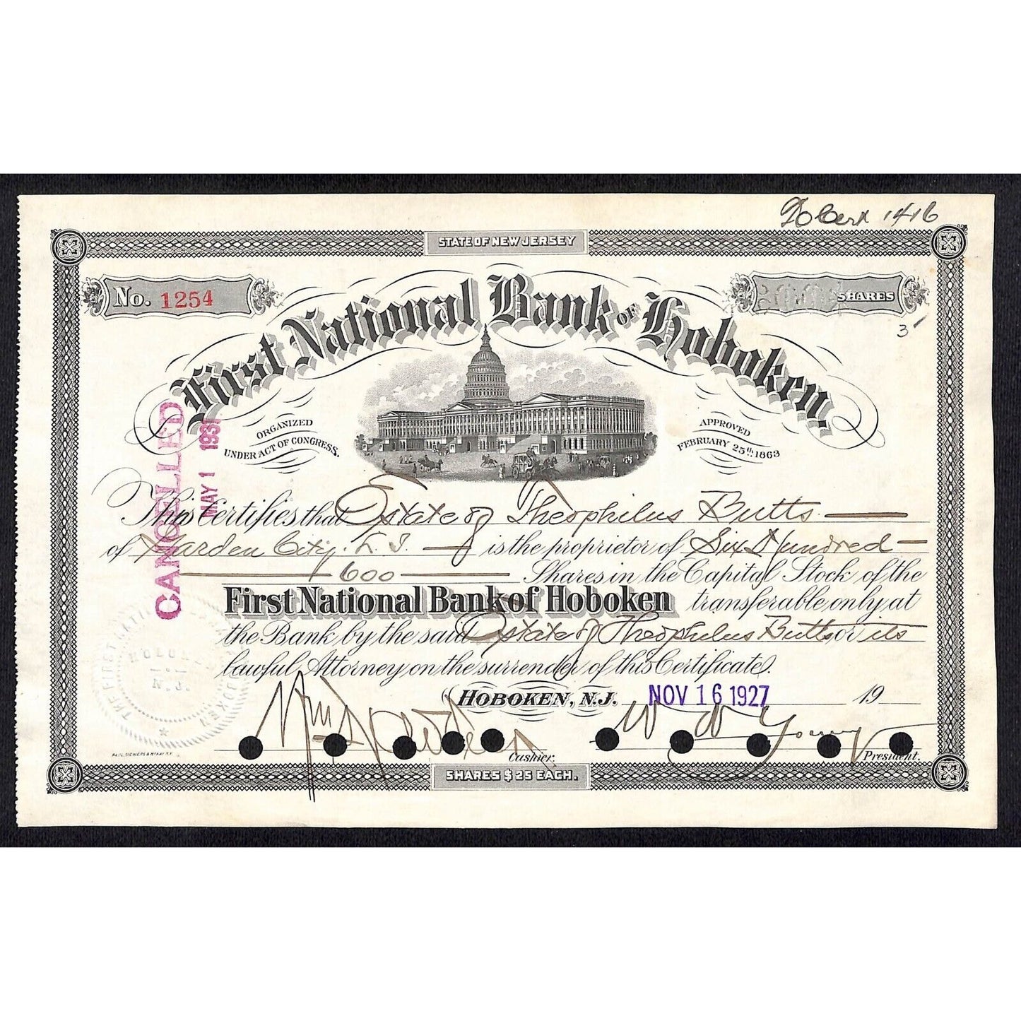 First National Bank of Hoboken NJ 1927 Stock Certificate Theophilus Butts Estate