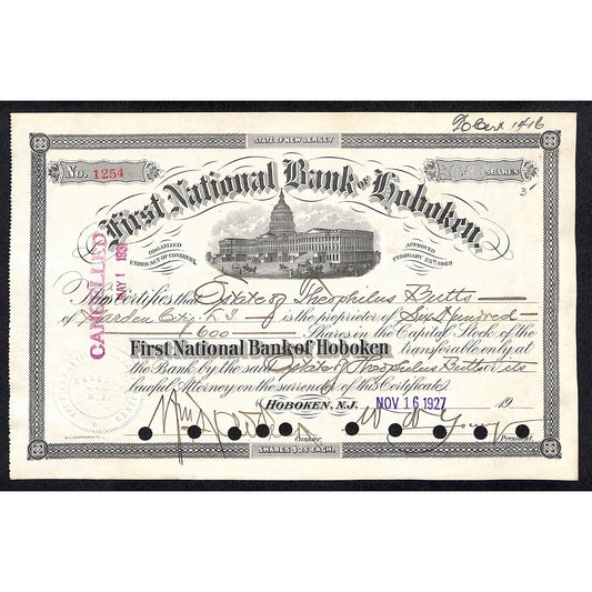 First National Bank of Hoboken NJ 1927 Stock Certificate Theophilus Butts Estate