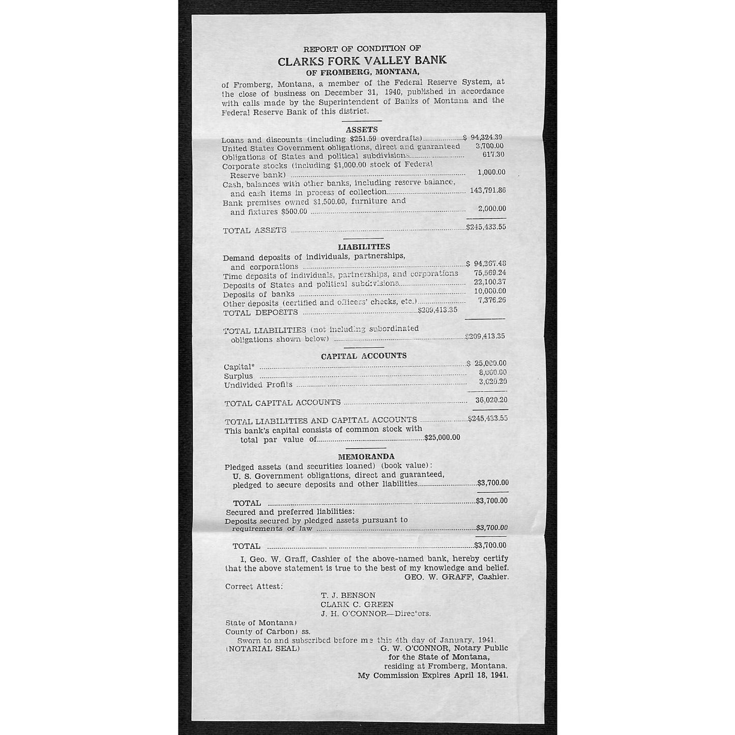 Fromberg, MT Clarks Fork Valley Bank "Report of Condition" Sheet 1941 - VGC