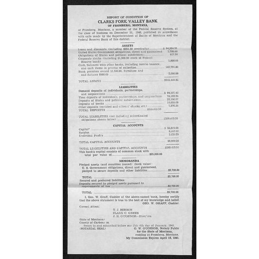 Fromberg, MT Clarks Fork Valley Bank "Report of Condition" Sheet 1941 - VGC