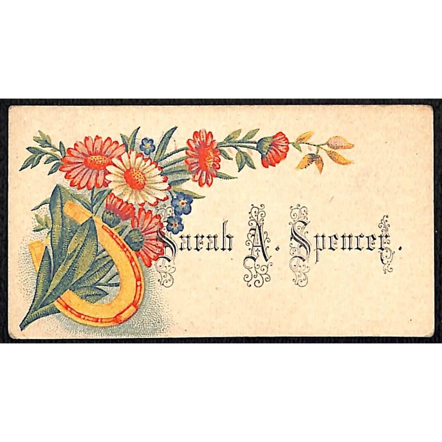 "Sarah A. Spencer" Victorian Calling Greeting Card - Floral w/ Horseshoe
