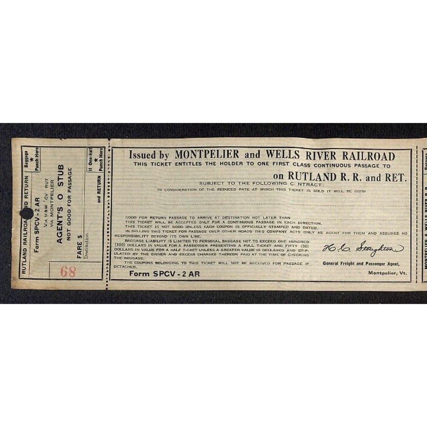 Montpelier and Wells River Railroad Unused First Class Ticket Scarce c1941 #89