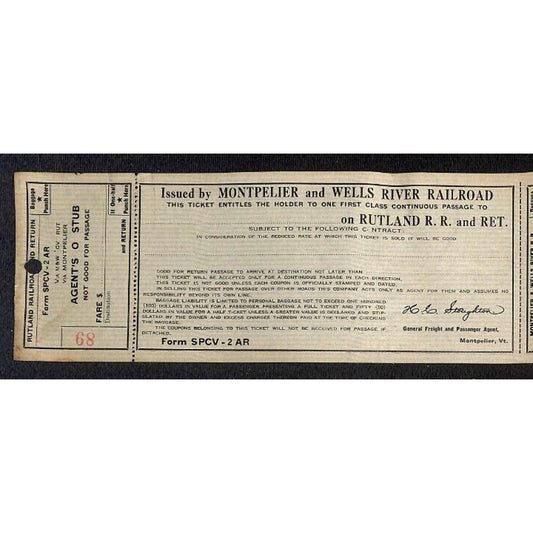 Montpelier and Wells River Railroad Unused First Class Ticket Scarce c1941 #89