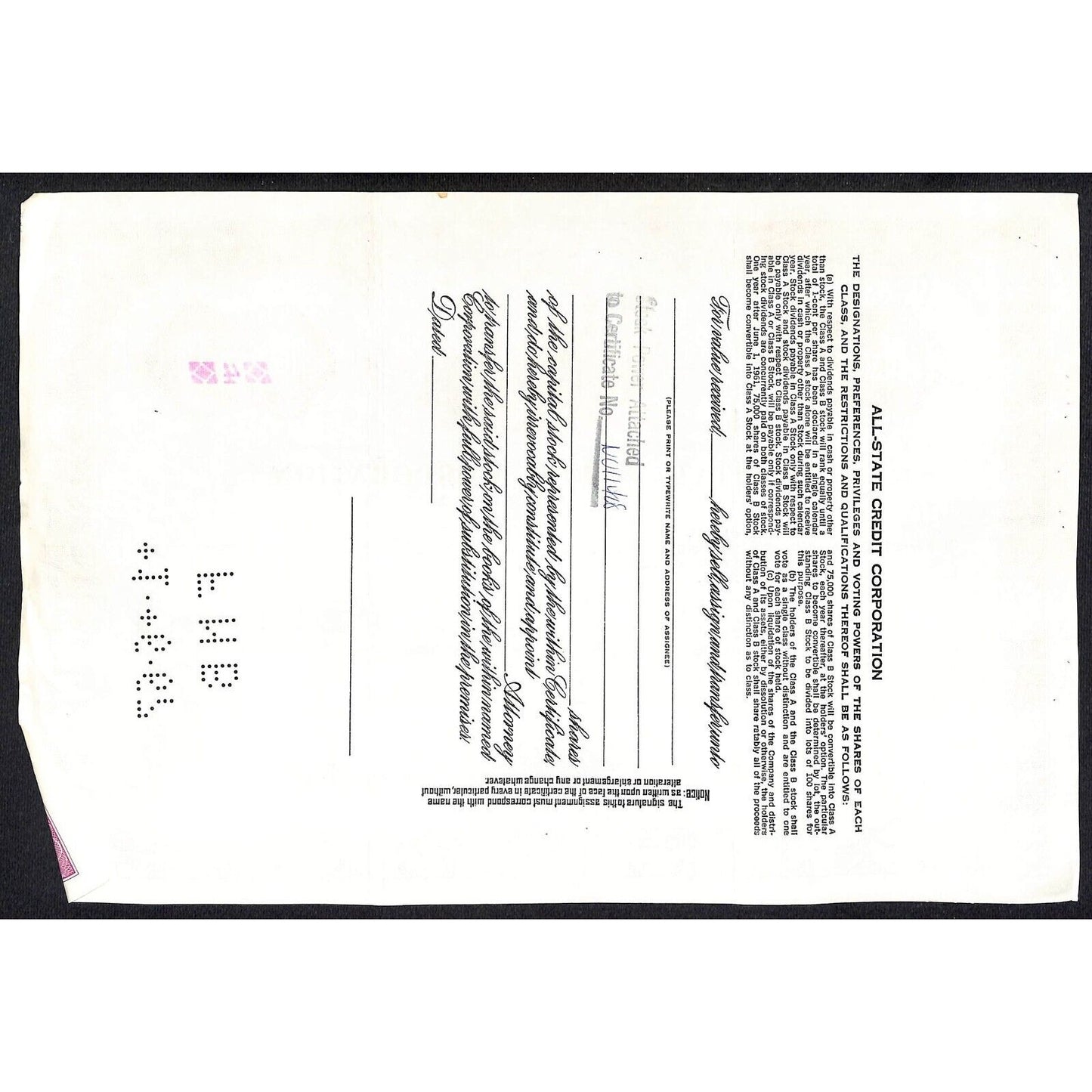 All State Credit Corporation NY 1961 Stock Certificate Sophie Oland