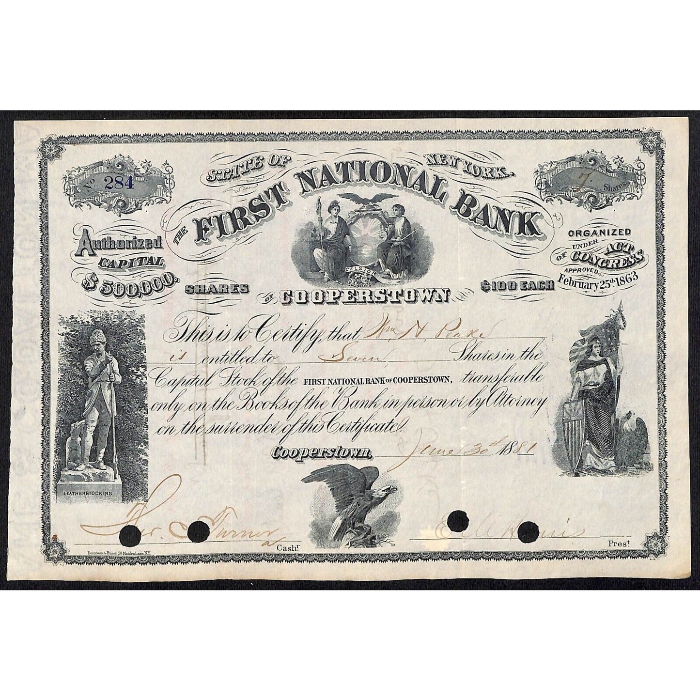 First National Bank of Cooperstown 1881 Stock Certificate William N. Peake