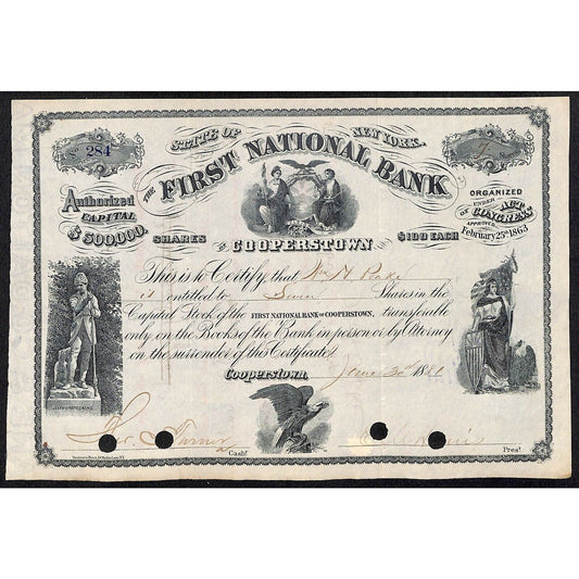 First National Bank of Cooperstown 1881 Stock Certificate William N. Peake