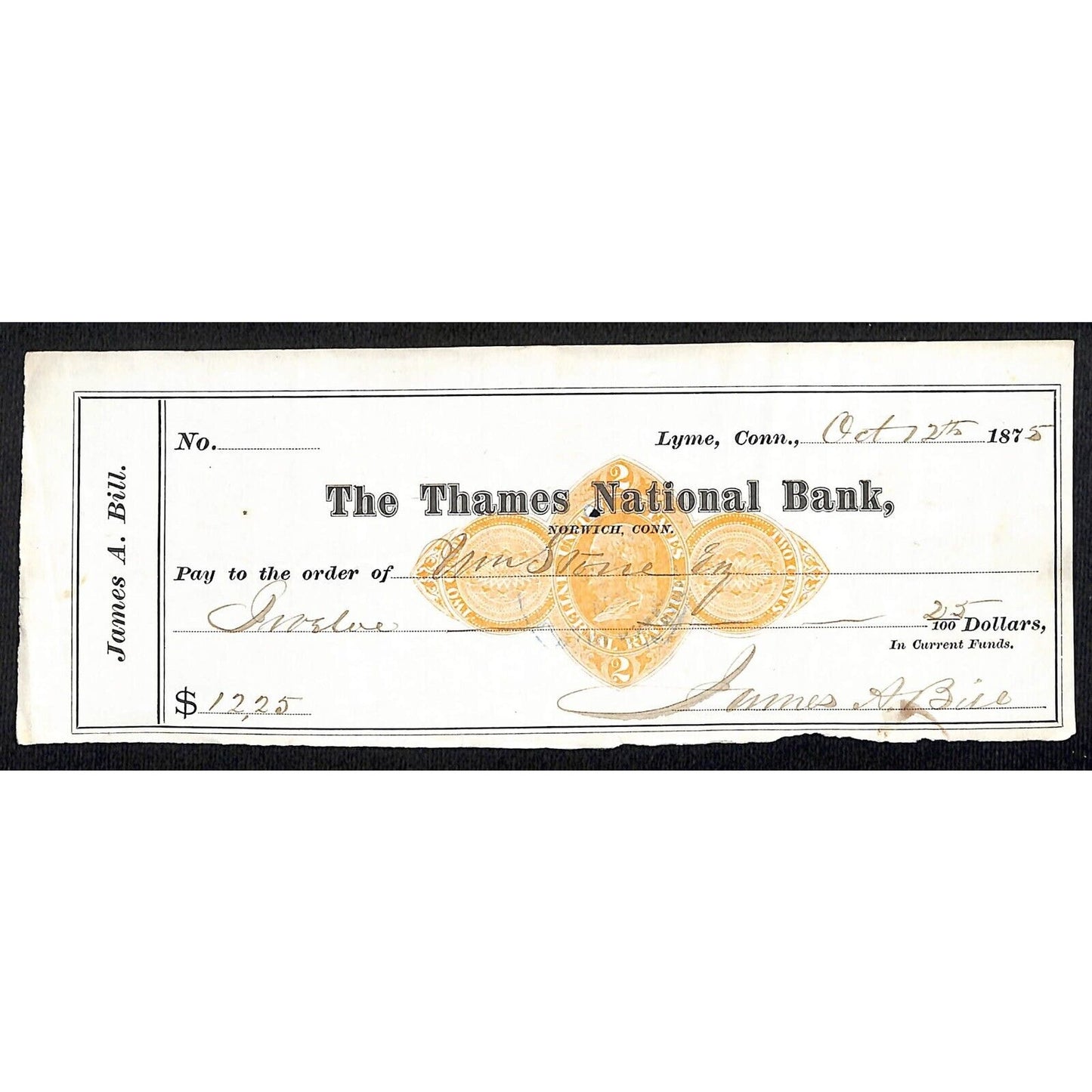 James A. Bill* 1875 Thames National Bank Lyme CT on Rev Stamp Check Stock (#21)