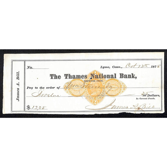 James A. Bill* 1875 Thames National Bank Lyme CT on Rev Stamp Check Stock (#21)
