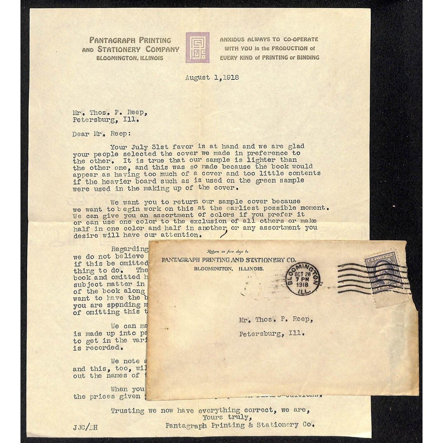 Pantagraph Printing Co. Bloomington, IL 1918 Adv. Letterhead & Cover*