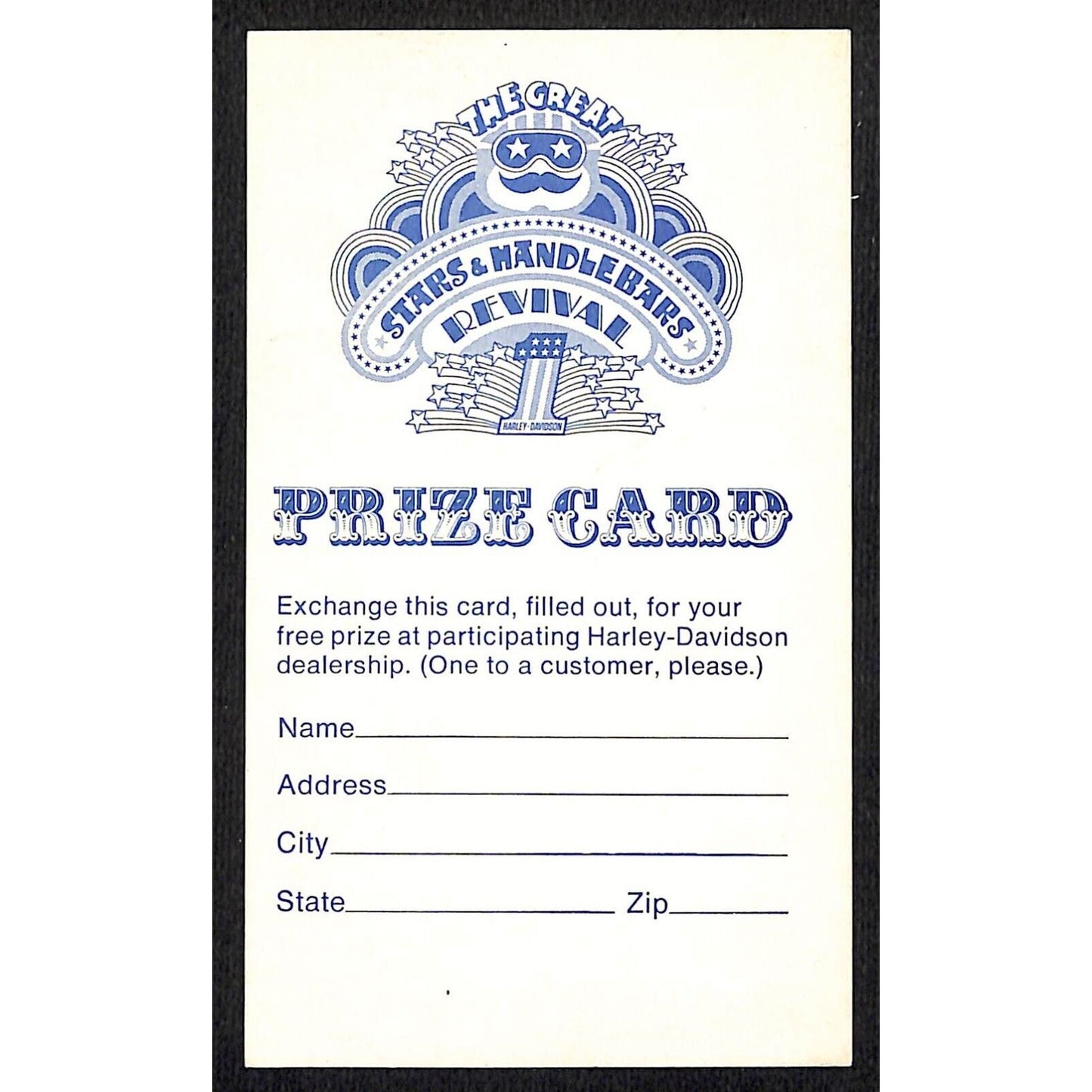 Harley Davidson Stars and Handlebars Revival c1976 Dealer Prize Card VGC
