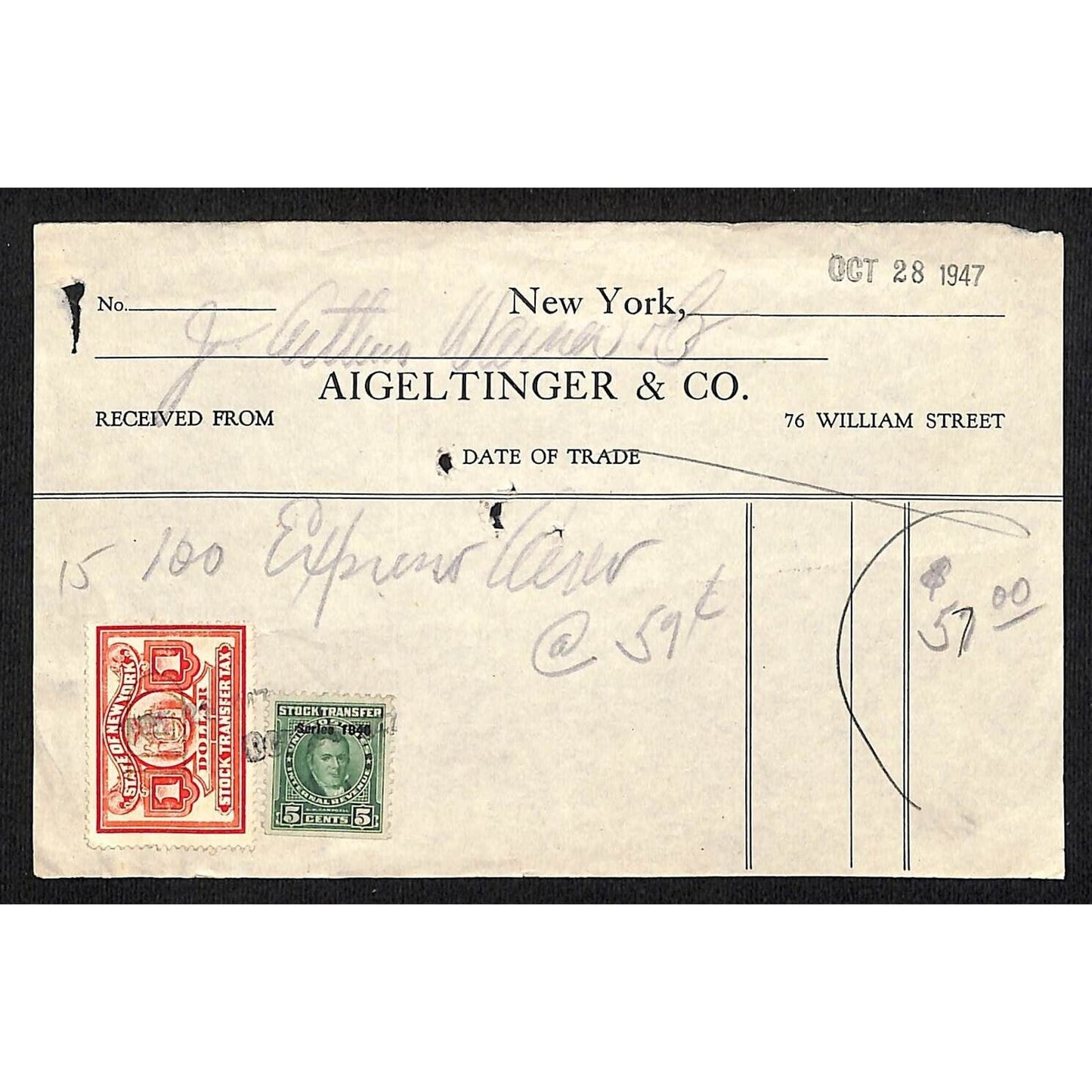 Aigeltinger & Co. William St. NYC (Stock Brokers) 1947 Receipt w/ Tax Stamps
