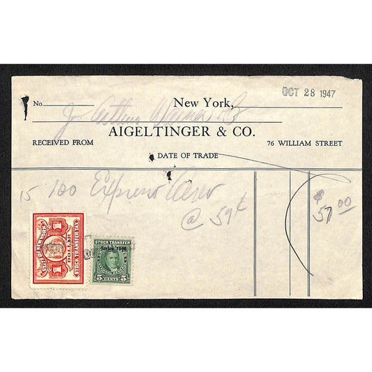 Aigeltinger & Co. William St. NYC (Stock Brokers) 1947 Receipt w/ Tax Stamps