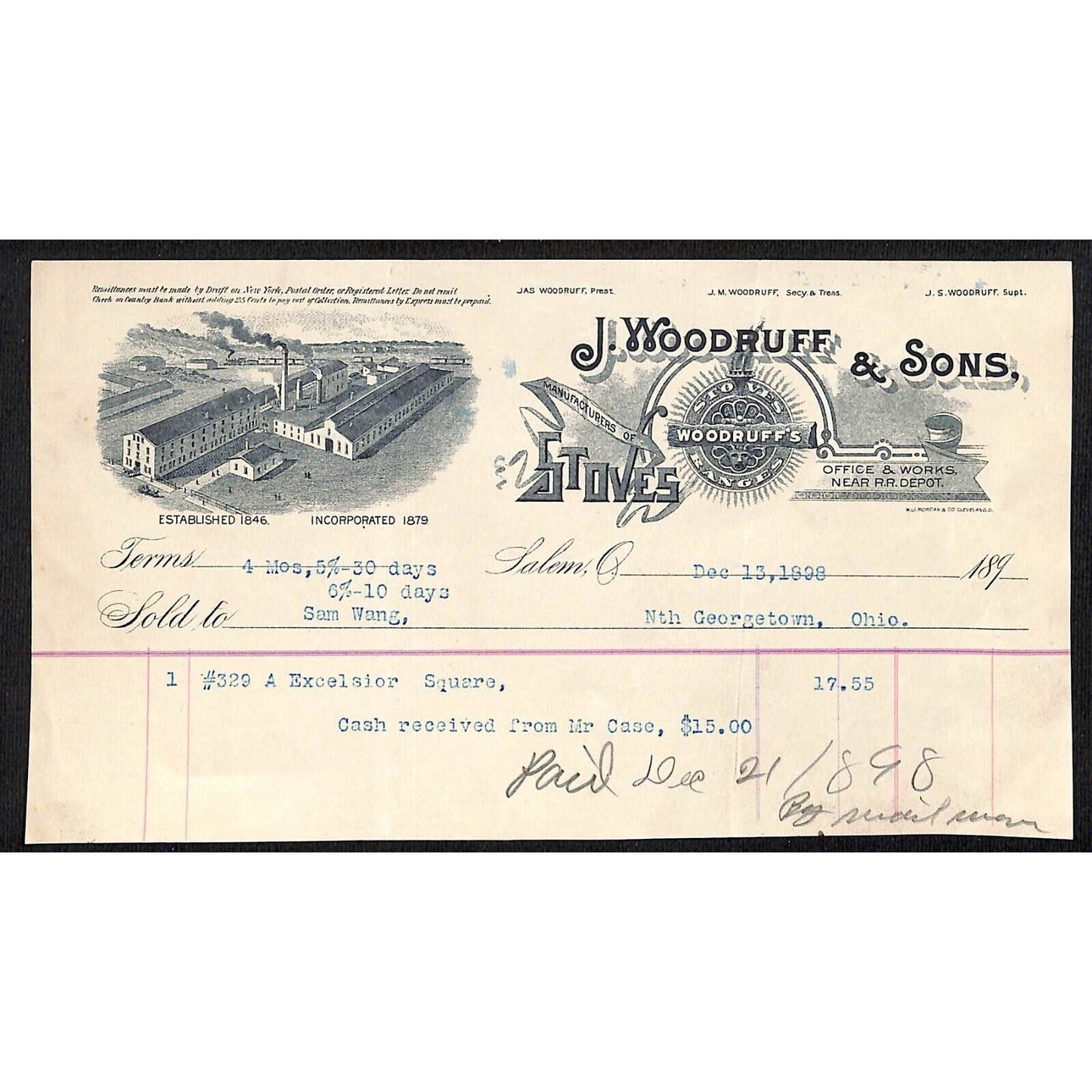 J. Woodruff & Sons Stoves Ranges 1898 Billhead Samuel Wang* N. Georgetown OH