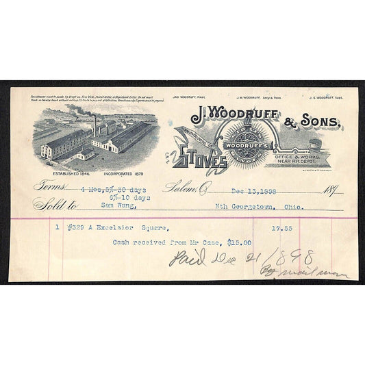 J. Woodruff & Sons Stoves Ranges 1898 Billhead Samuel Wang* N. Georgetown OH