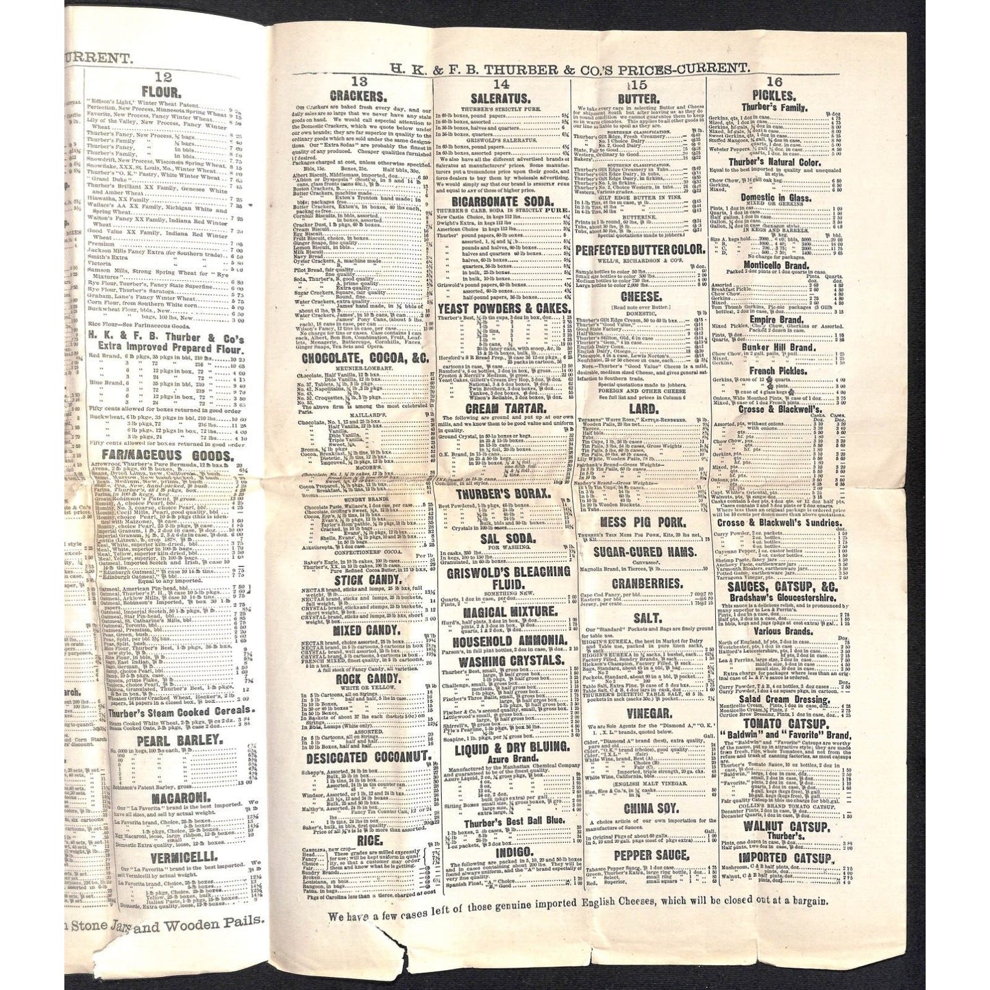 H.K. & F.B. Thurber & Co NYC 1879 Newspaper-Style Whsl. Food Price List Scarce