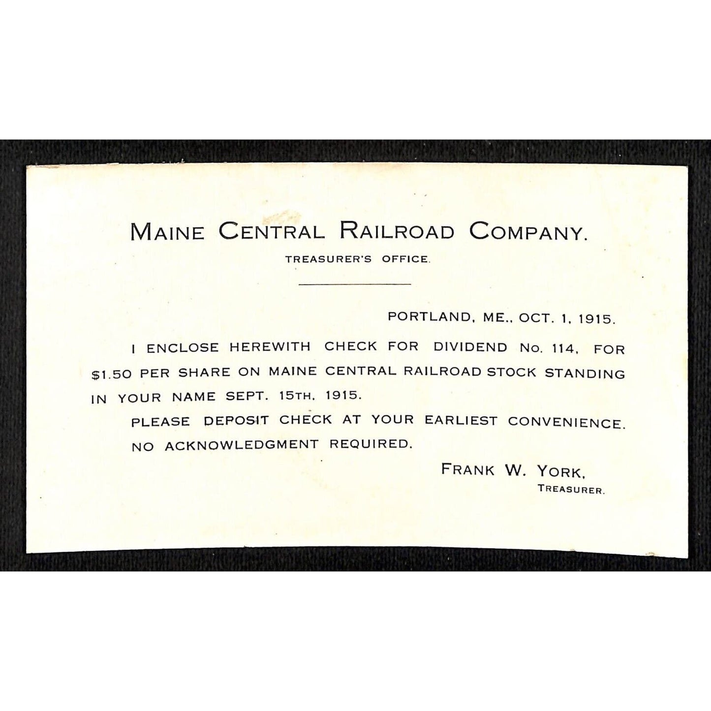 Maine Central Railroad Company 1915 Dividend Check Notice Card / Ink Blotter?