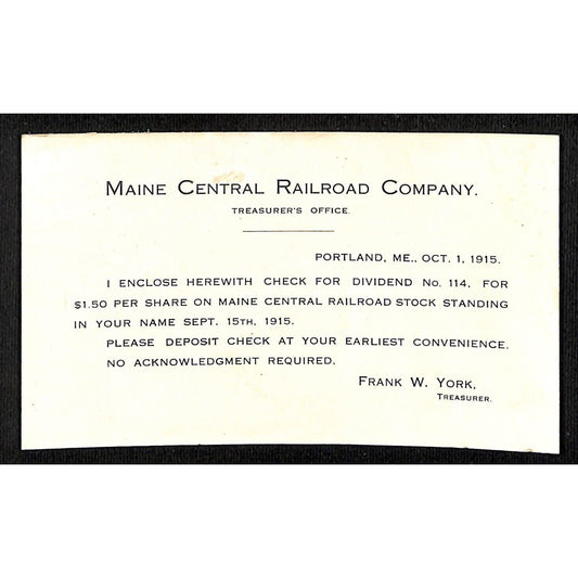 Maine Central Railroad Company 1915 Dividend Check Notice Card / Ink Blotter?