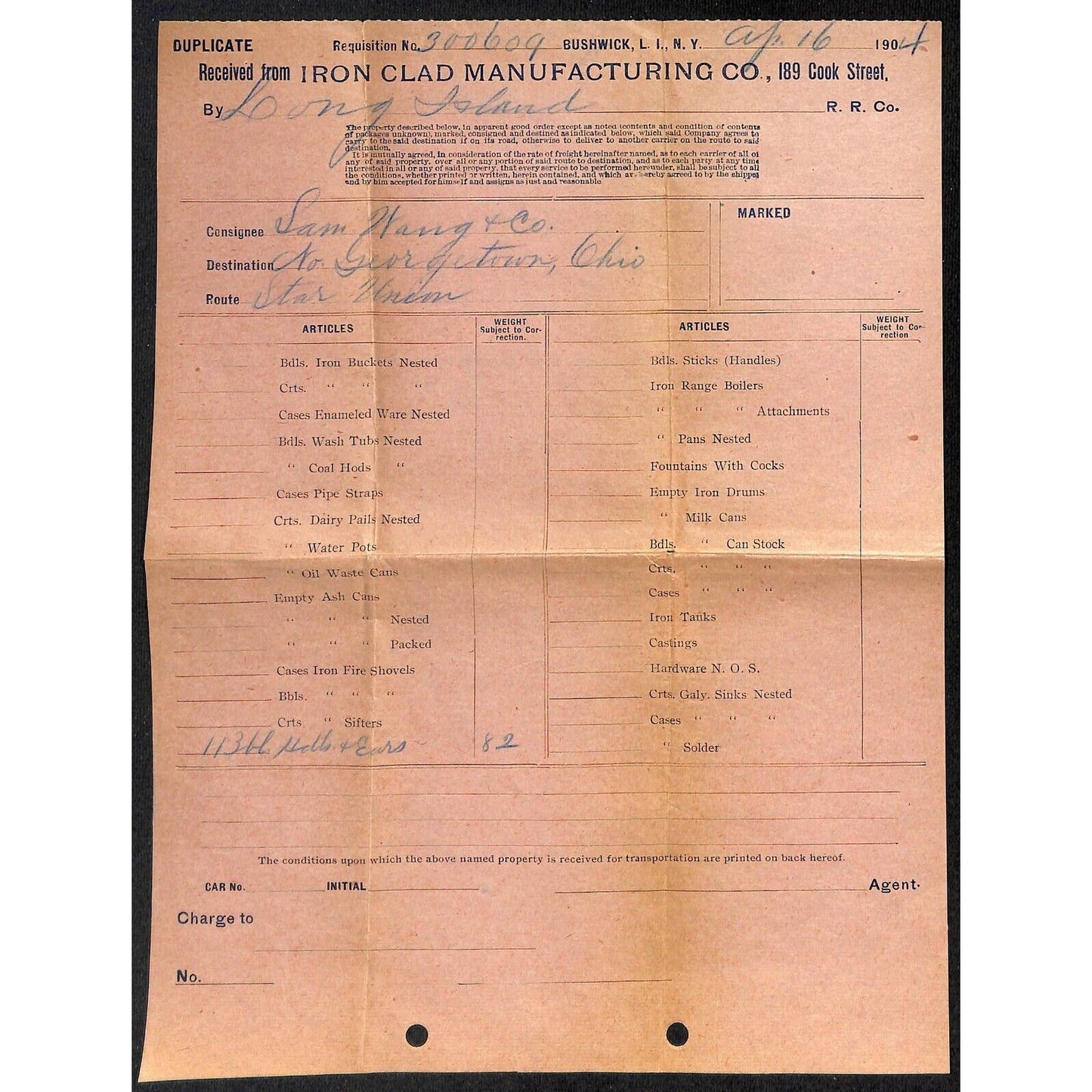 Iron Clad Mfg. Co. Brooklyn Samuel Wang Co* N. Georgetown 1904 Billhead & Cover+