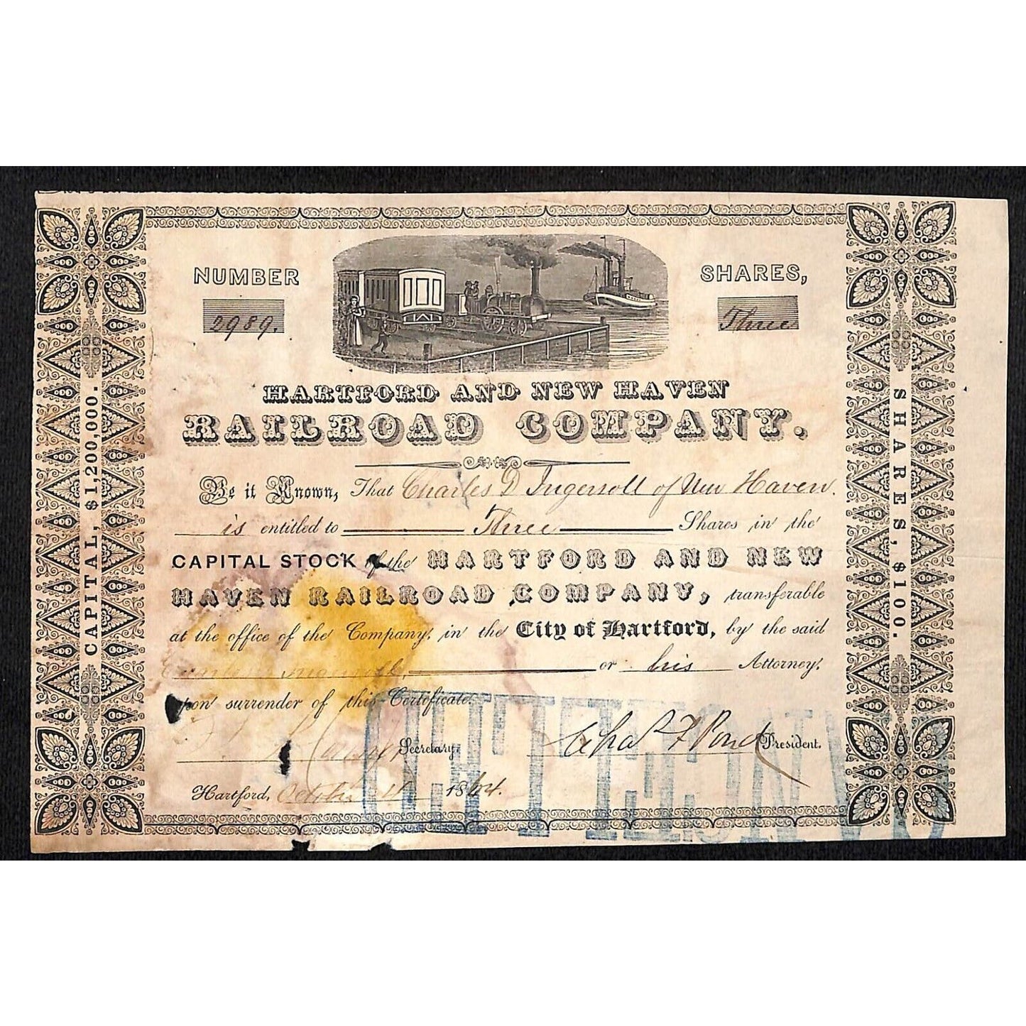 Hartford and New Haven Railroad 1864 Stock Certificate 2989 Charles D. Ingersoll