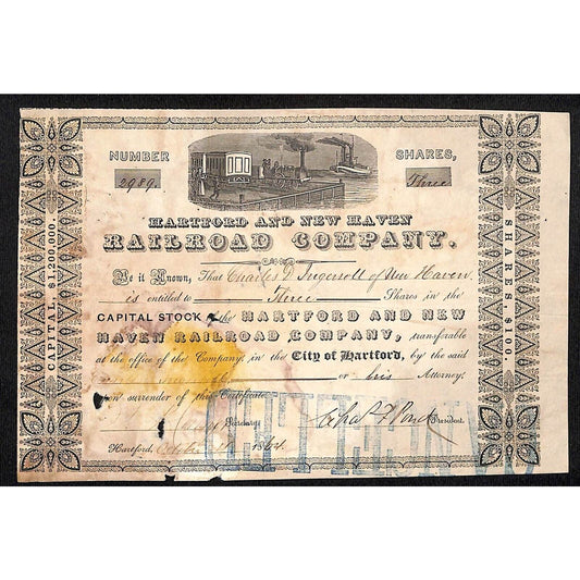 Hartford and New Haven Railroad 1864 Stock Certificate 2989 Charles D. Ingersoll