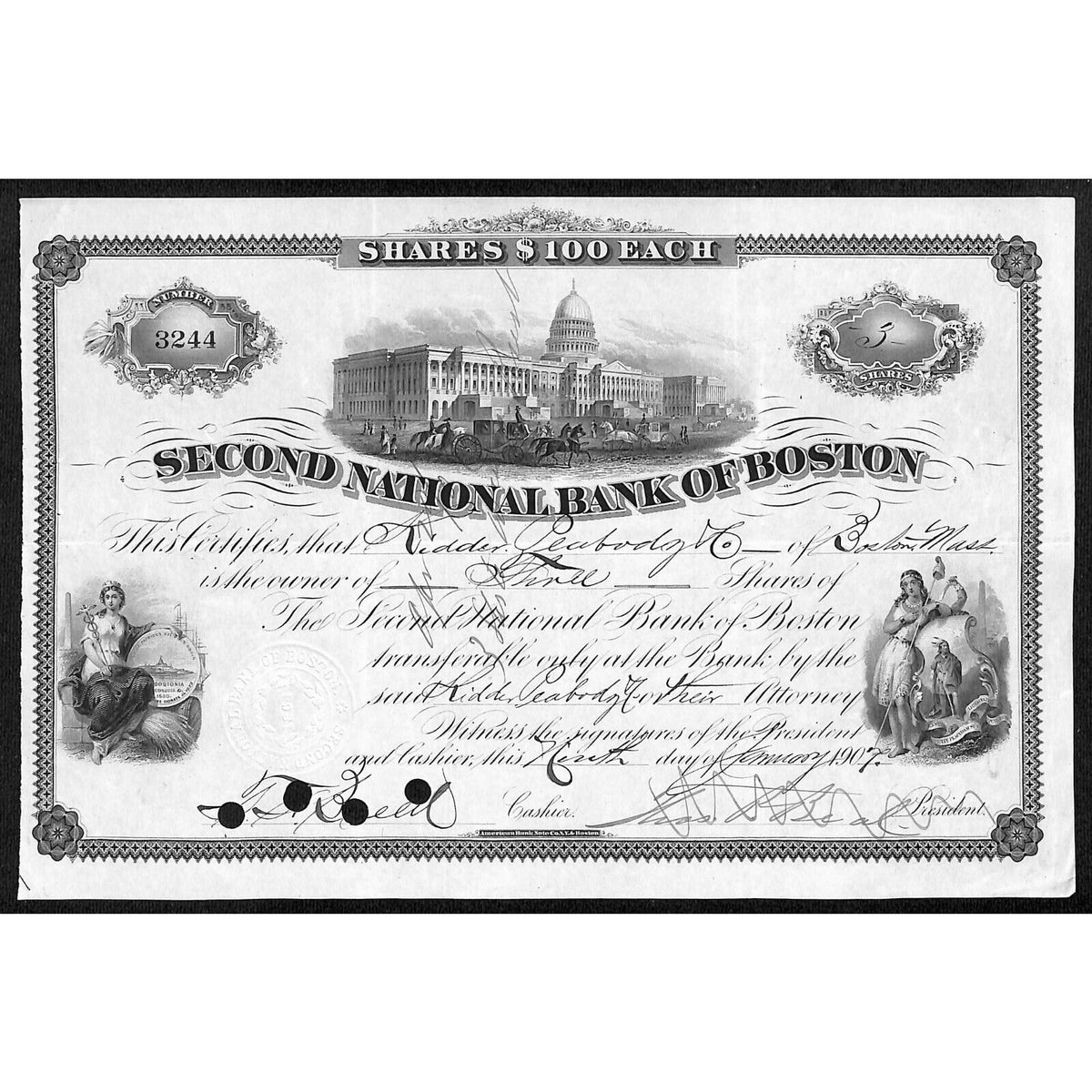Second National Bank of Boston 1908 Stock Certificate to Kidder Peabody