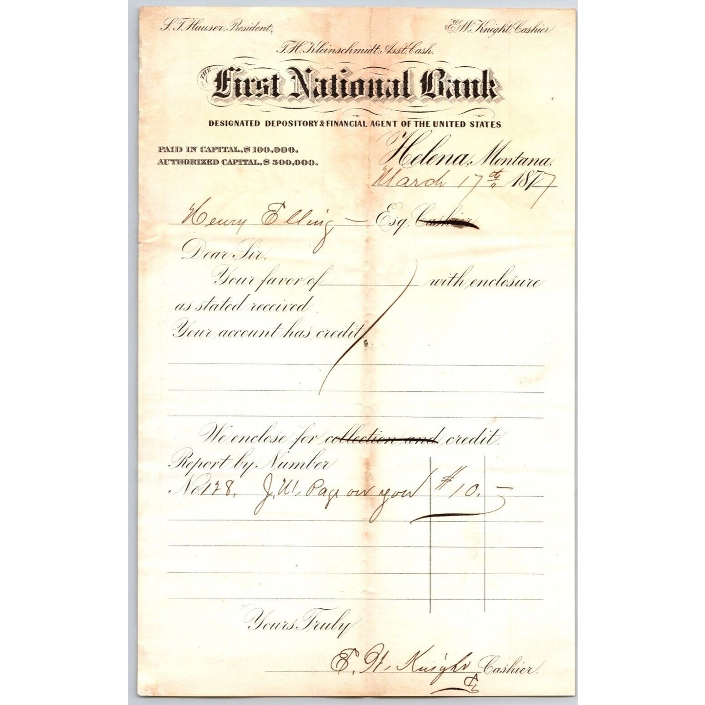 First National Bank Helena, MT 3/17 1877 Payment Advice Henry Elling*