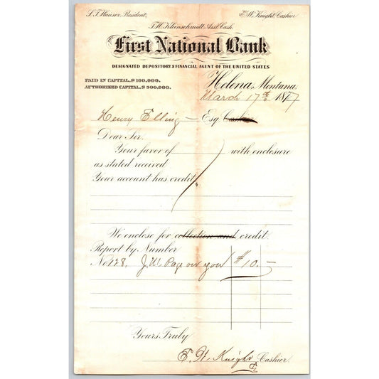 First National Bank Helena, MT 3/17 1877 Payment Advice Henry Elling*
