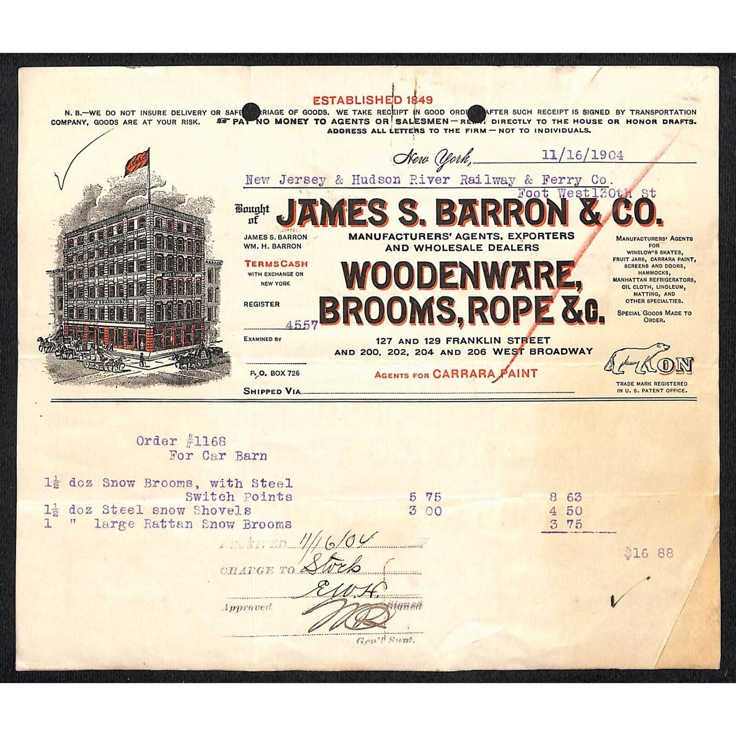 James S. Barron & Co. NYC 1904 Billhead to: NJ & Hudson River RR & Ferry Co.