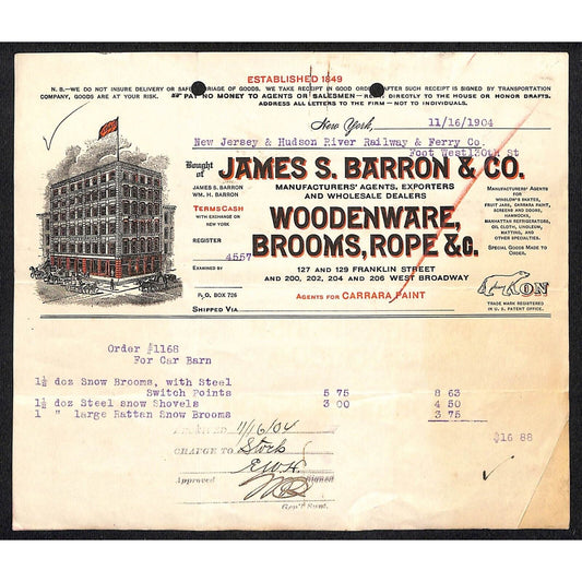 James S. Barron & Co. NYC 1904 Billhead to: NJ & Hudson River RR & Ferry Co.