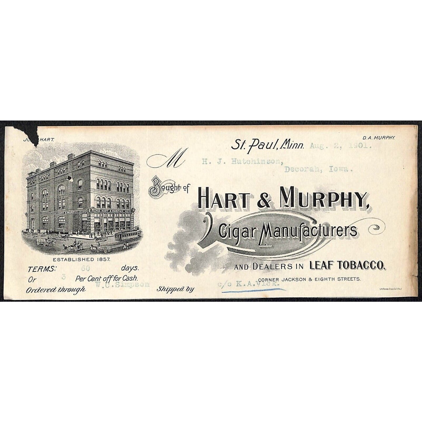 Hart & Murphy Cigars St. Paul, MINN. Hutchinson Decorah, IA* Cut 1901 Billhead