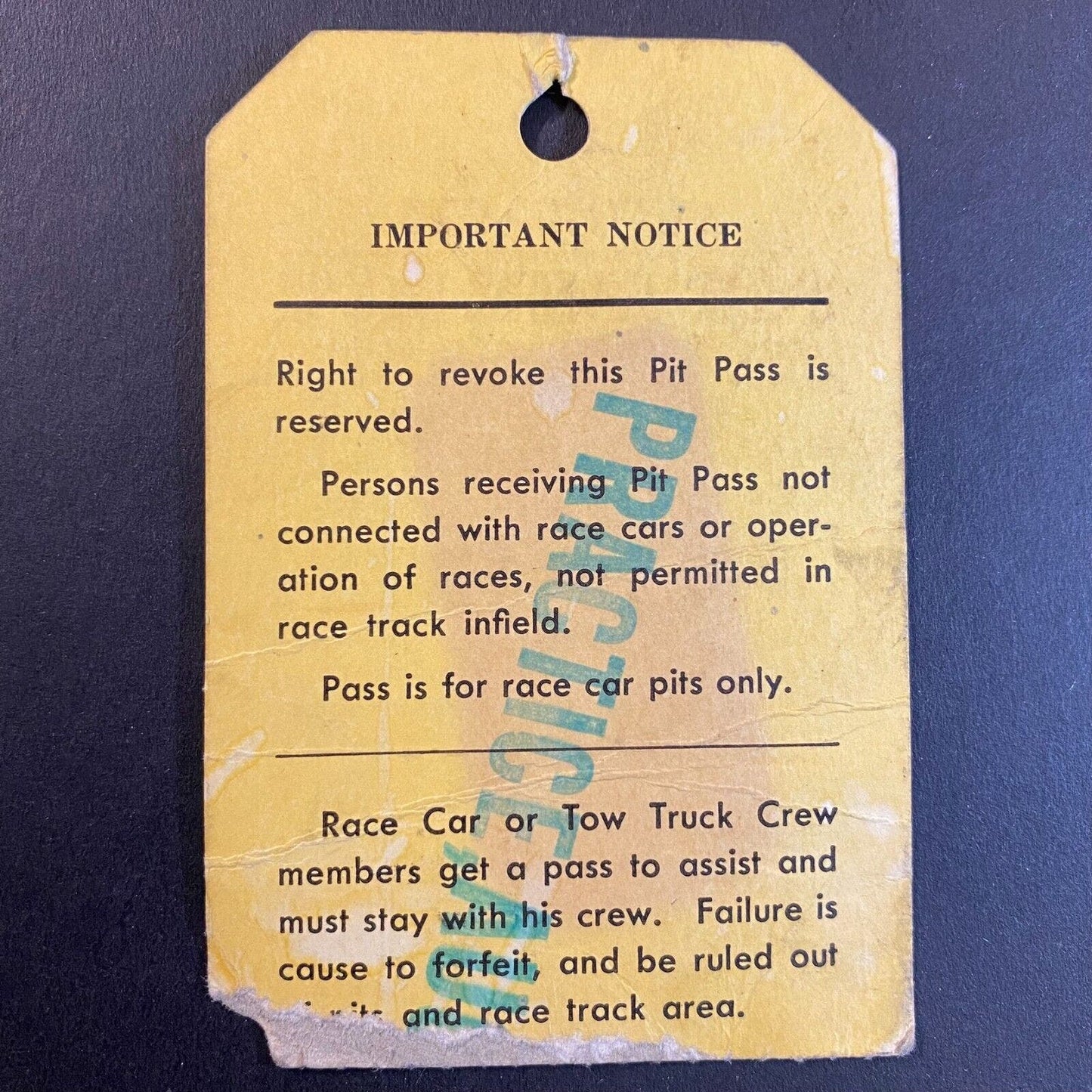 1955 State Fair Park Auto Races Pit Permit Stub (Stamped "Practice")