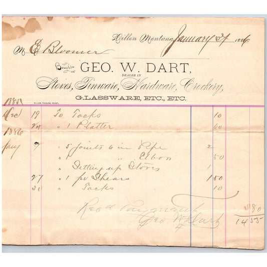 Dillon, MT Geo. W. Dart Hardware Glassware Tinware Stoves Crockery 1892 Billhead
