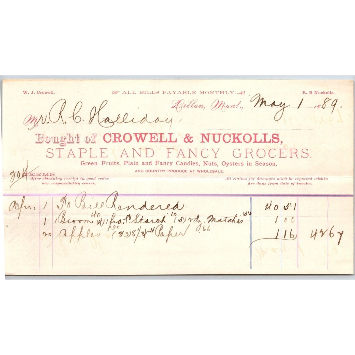 Dillon MT Crowell & Nuckolls Fancy Staple Grocers 1889 Billhead R.C. Halliday*