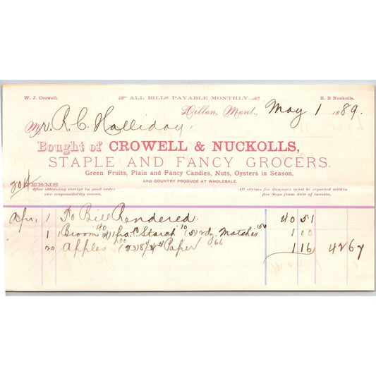 Dillon MT Crowell & Nuckolls Fancy Staple Grocers 1889 Billhead R.C. Halliday*