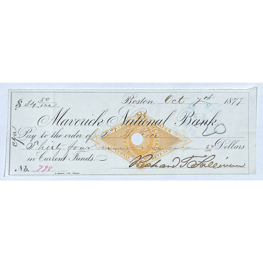 Maverick National Bank Boston 1879 Bank Check w/ Rev Stamp