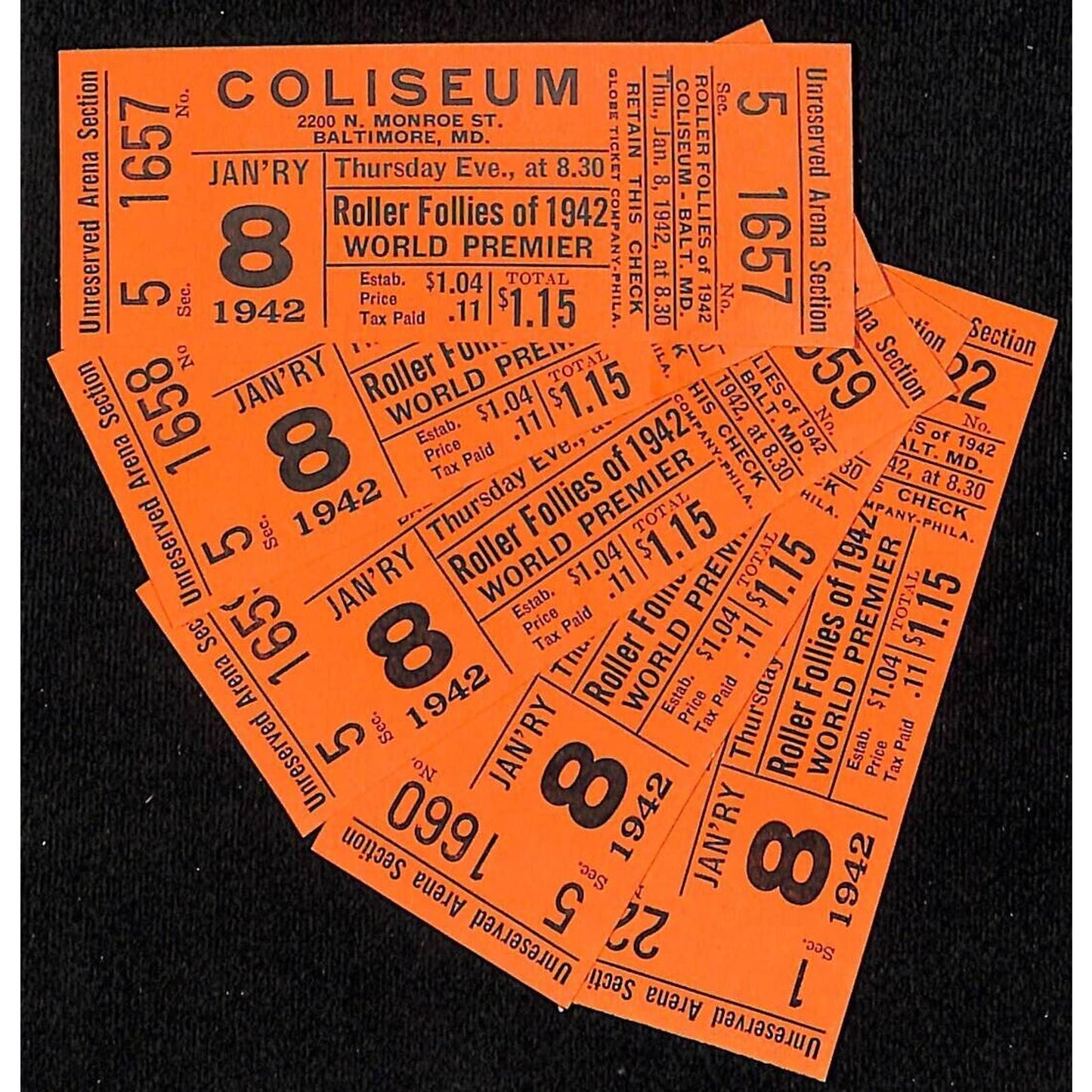 Baltimore Coliseum 5 Tickets Roller Follies of 1942 World Premier