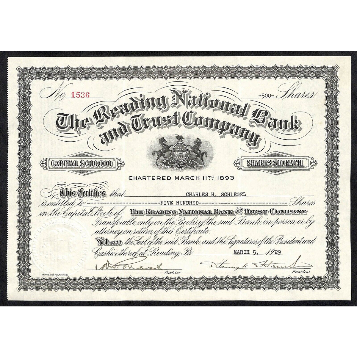 Reading National Bank and Trust PA 1929 Stock Certificate - Charles H. Schlegel